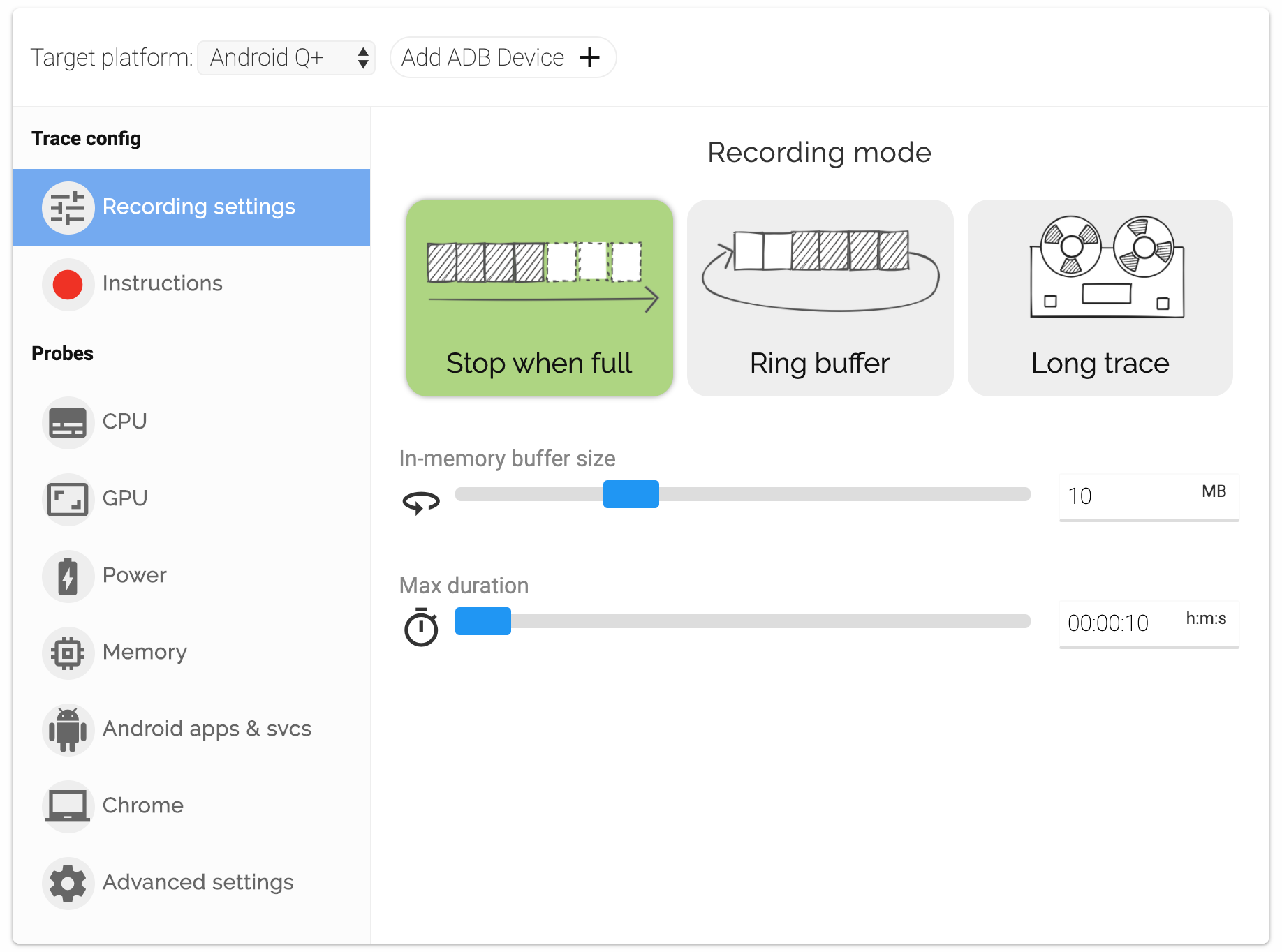 Record page of the Perfetto UI